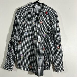 Vintage Teddi Women's PM Black Floral Embroidered Button-Up Shirt‎